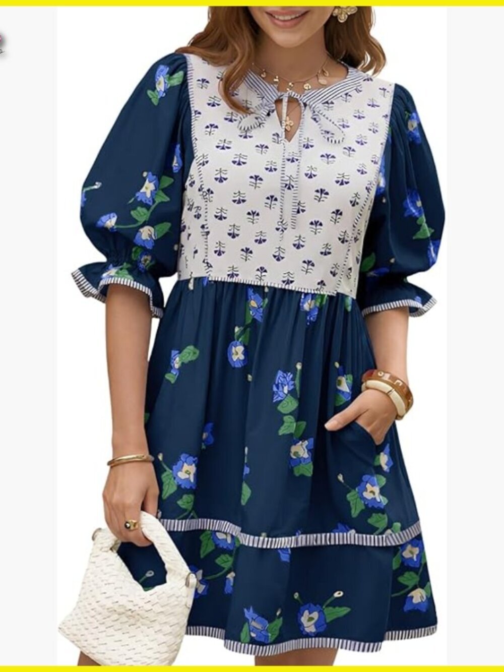 Boho Floral Mini Dress Puff Sleeve V Neck Patchwork Loose Casual Summer